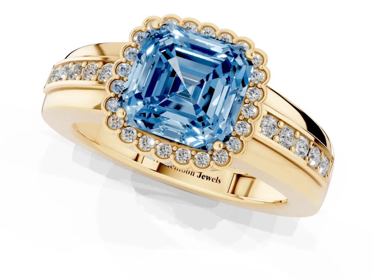 Fancy Blue Asscher Cut Cut Halo Pave Band Four-Prong Ring Yellow gold