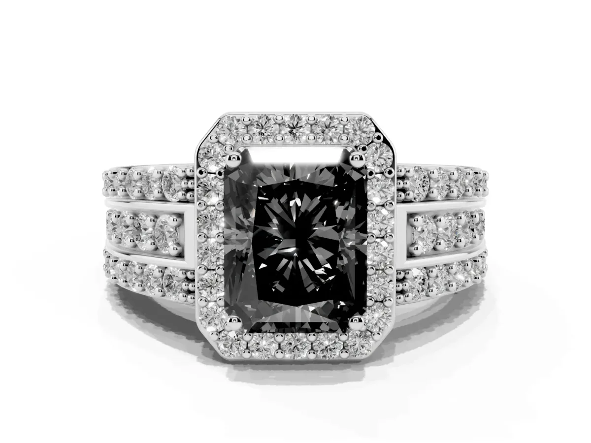 Fancy Black Radiant Cut Halo Diamond Ring with Round Split Shank and Prong Setting Silver