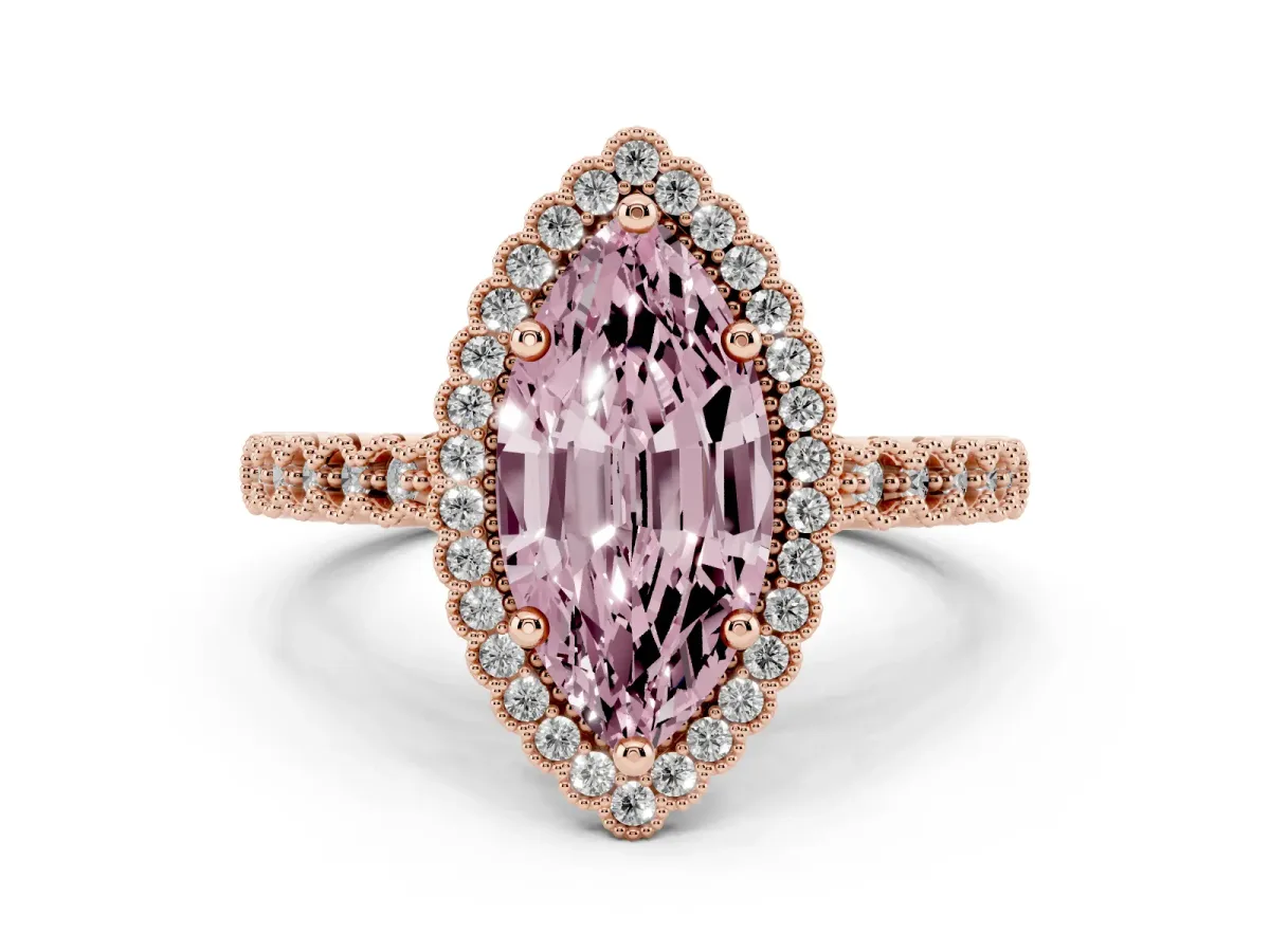 Fancy Pink Marquise Cut Cut Halo Pavé Solitaire Ring with Milgrain Band Rose gold
