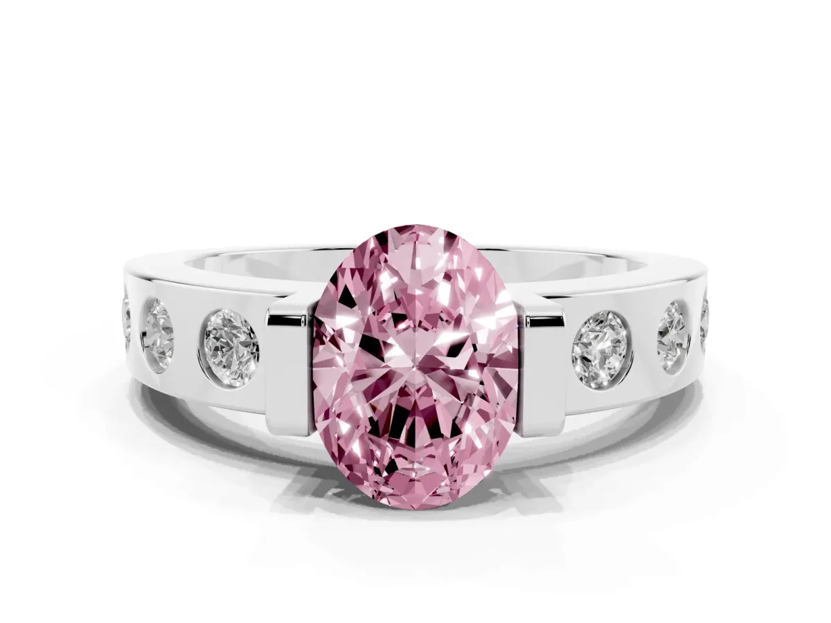Fancy Pink Oval Cut Brilliant Channel-Set Diamond Ring with Bezel Prong Setting Platinum