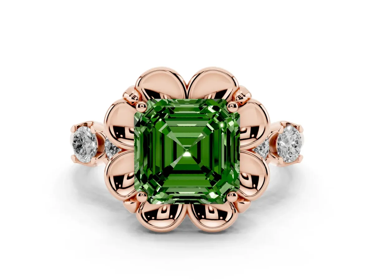 Fancy Green Asscher Cut Cut Diamond Floral Halo Engagement Ring with Shared Prong Setting Rose gold
