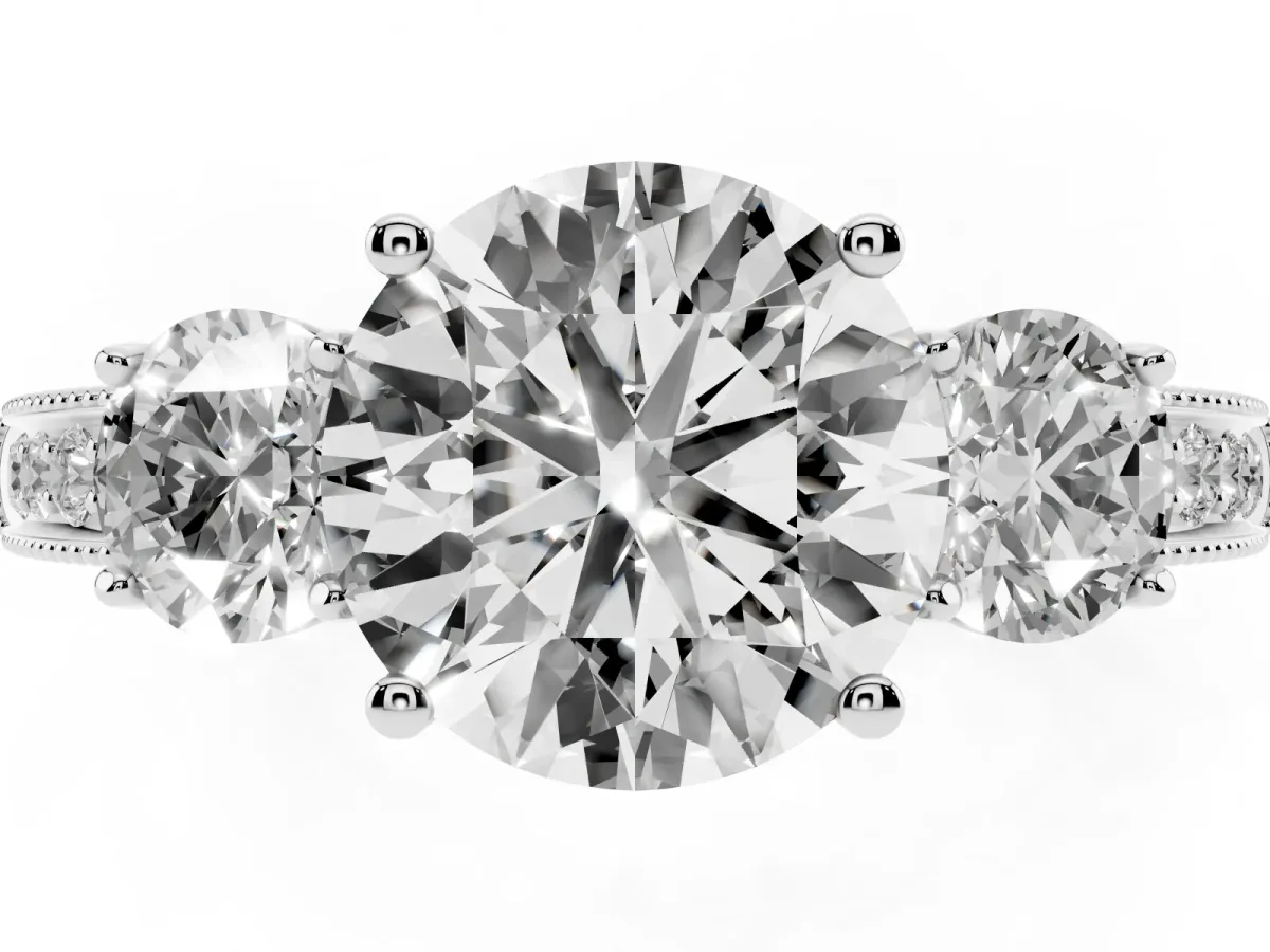 Round Cut Three-Stone Diamond Ring with Pavé Band and Four-Prong Setting Silver