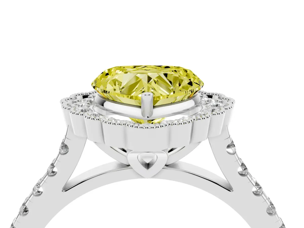 Fancy Yellow Heart Cut Cut Diamond Milgrain Floral Halo Engagement Ring with Pavé Band White gold