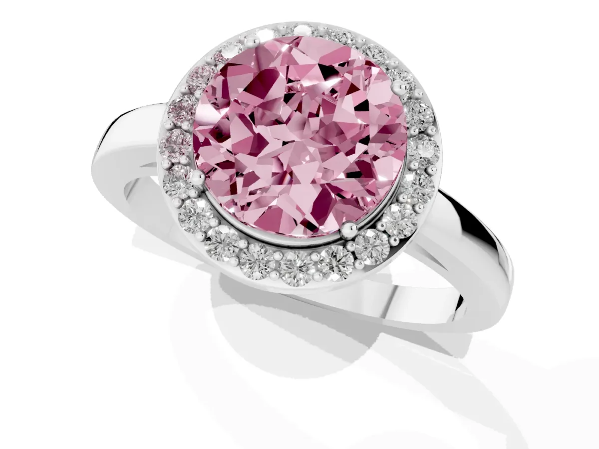 Fancy Pink Round Cut Halo Diamond Ring with Solitaire Band and Prong Setting Platinum