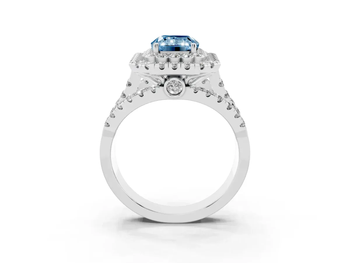 Fancy Blue Emerald Cut Diamond Double Halo Ring with Round Pavé Split Shank and Prong Setting Silver