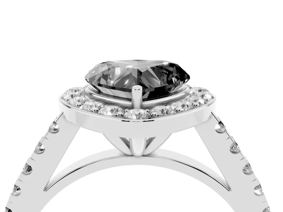 Fancy Black Heart Cut Diamond Halo Ring with Round Pavé Split Shank and Prong Setting Silver