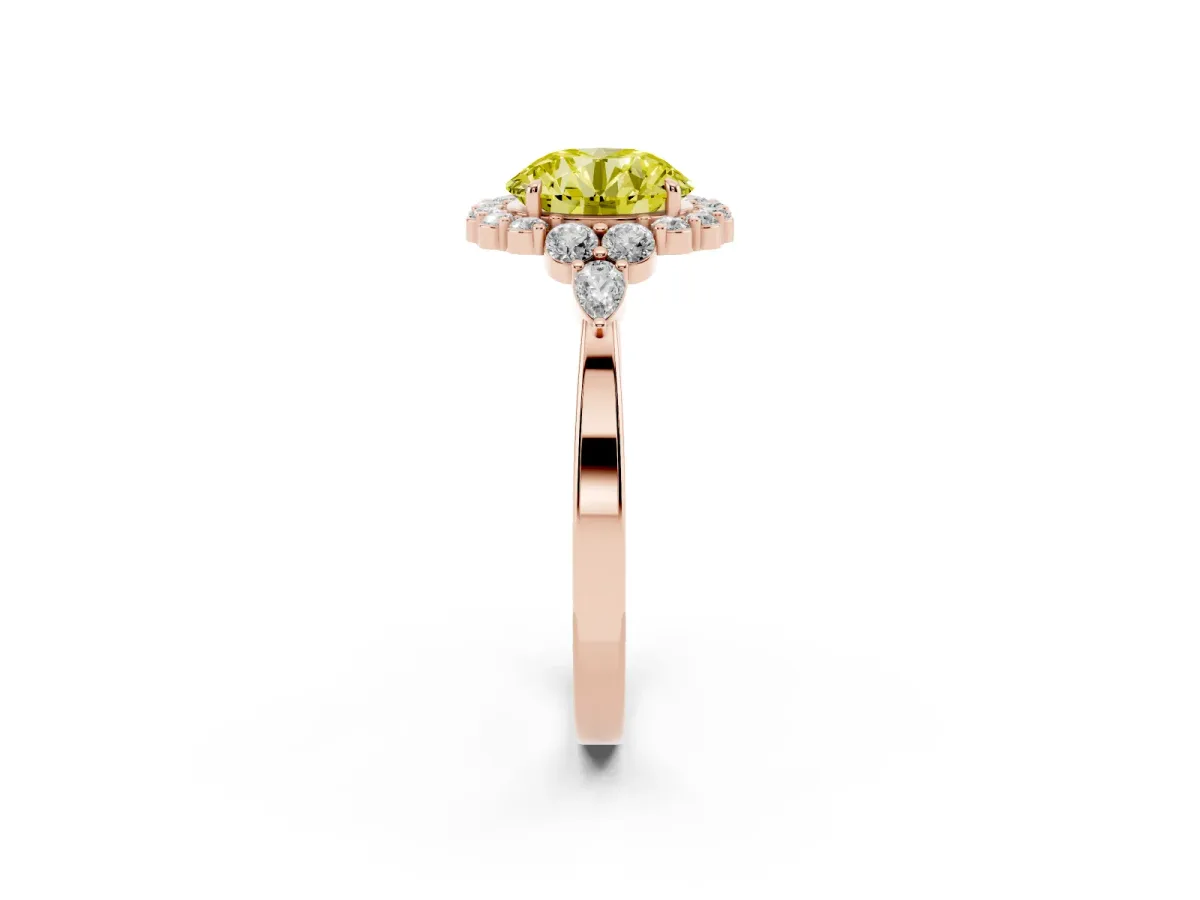 Fancy Yellow Round Cut Diamond Halo Ring with Pear Side Stones and Prong Setting Rose gold