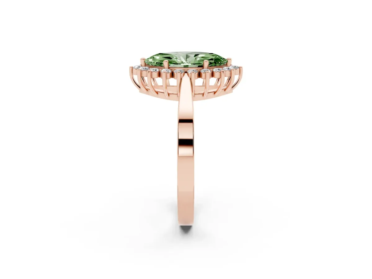 Fancy Green Marquise Cut Cut Diamond Halo Ring with Round Brilliant Halo and Solitaire Band Rose gold