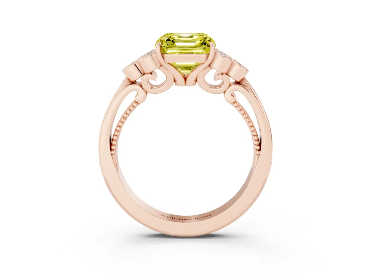 Fancy Yellow Asscher Cut Cut Diamond Engagement Ring with Bezel Set Round Side Stones and Prong Setting Rose gold