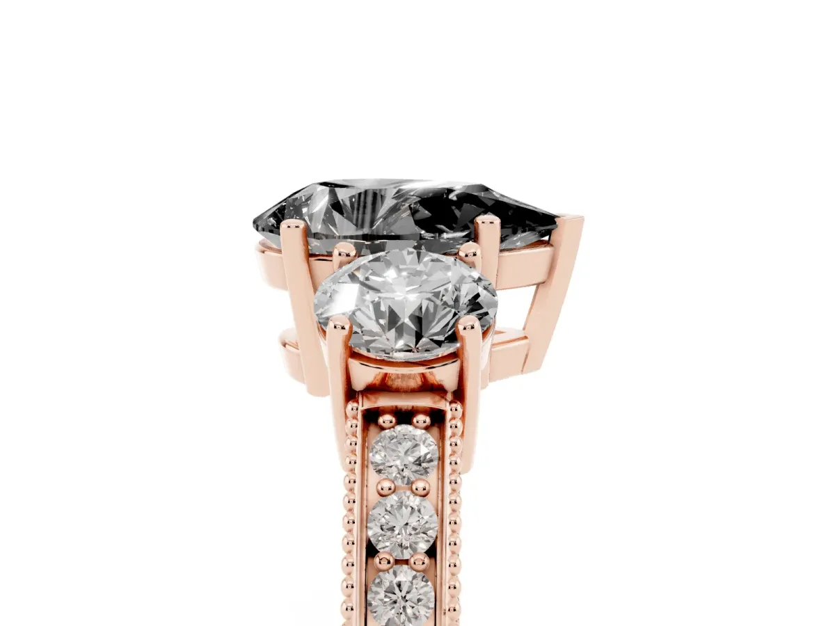 Fancy Black Pear Cut Three-Stone Diamond Ring with Pavé Band and Four-Prong Setting Rose gold