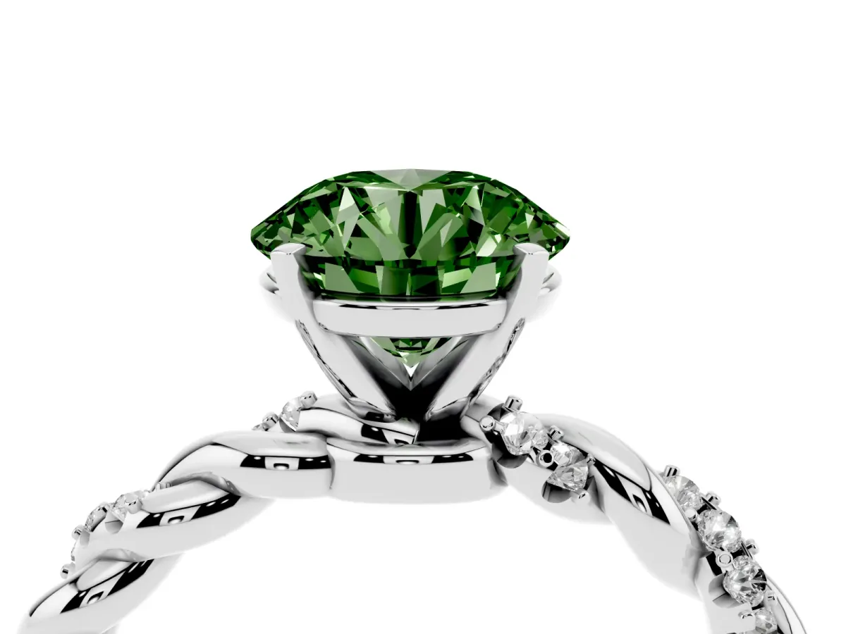 Fancy Green Round Cut Diamond Solitaire Ring with Twisted Band and Pavé Accents Silver
