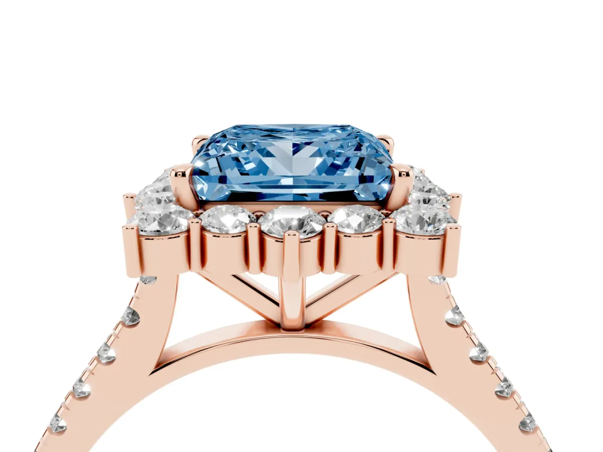 Fancy Blue Princess Cut Halo Diamond Ring with Pavé Band and Prong Setting Rose gold