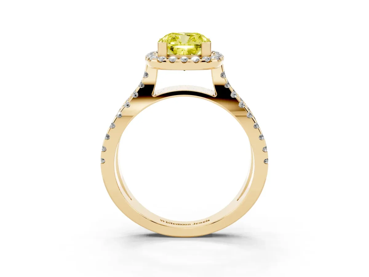 Fancy Yellow Cushion Cut Diamond Halo Ring with Split Shank Pavé Band and Prong Setting Yellow gold