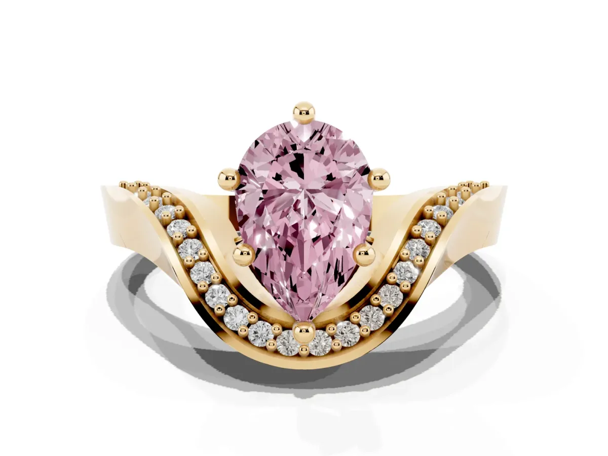 Fancy Pink Pear Cut Solitaire Diamond Engagement Ring with Pave Band and Four-Prong Setting Yellow gold