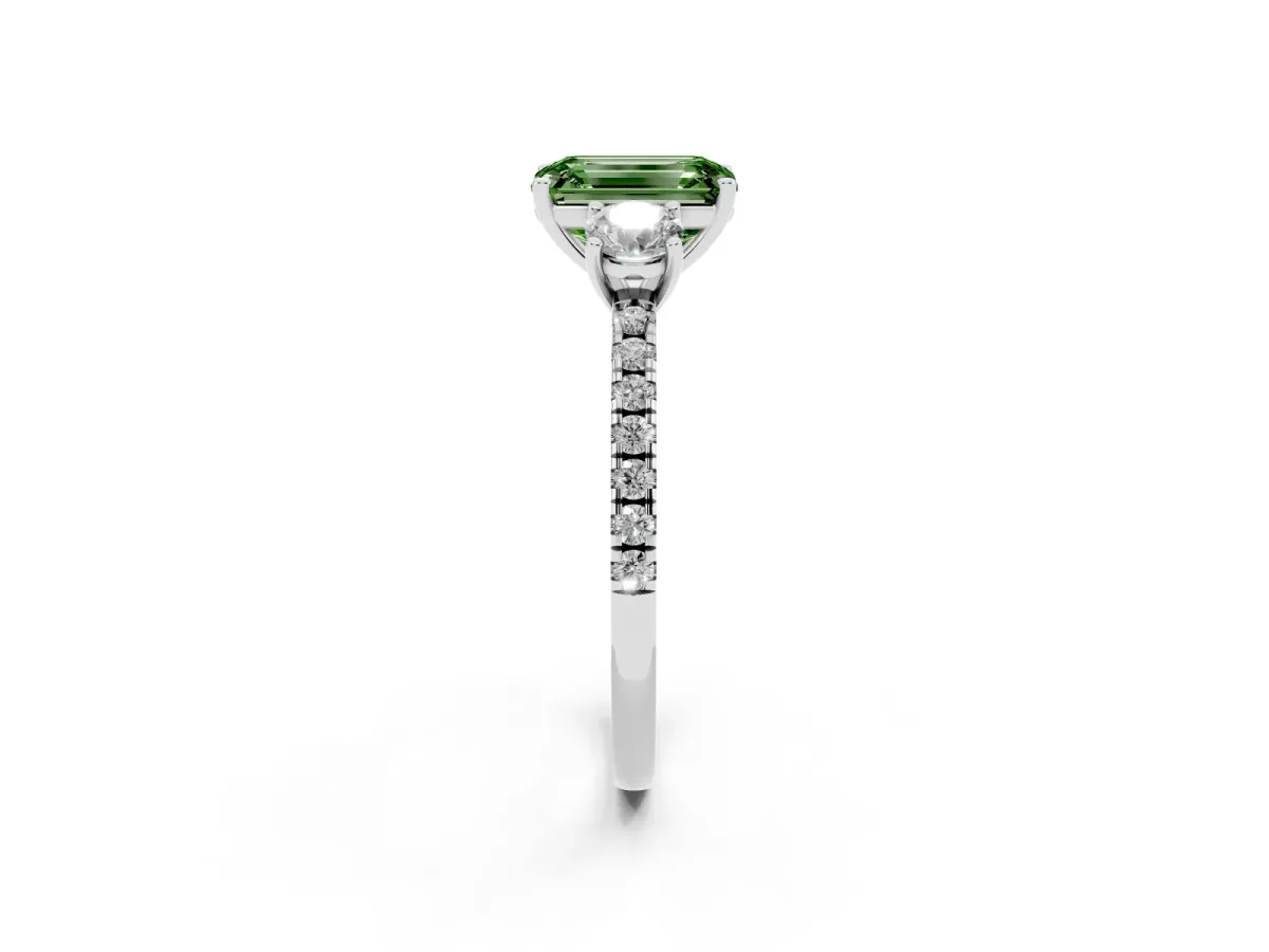 Fancy Green Three-Stone Emerald Cut Cut Diamond Pavé Band with Prong Setting Silver