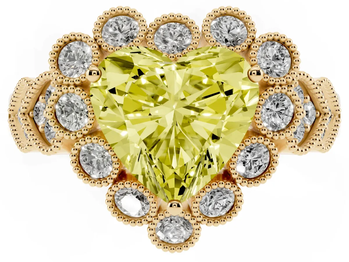 Fancy Yellow Heart Cut Brilliant Milgrain Pave Heart Band Solitaire Ring Yellow gold