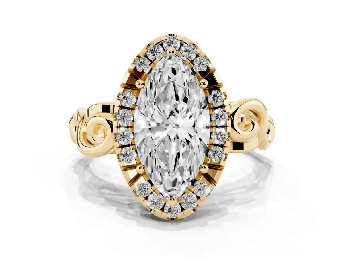 Marquise Cut Cut Halo Diamond Ring with Scrollwork Band and Four-Prong Setting Yellow gold