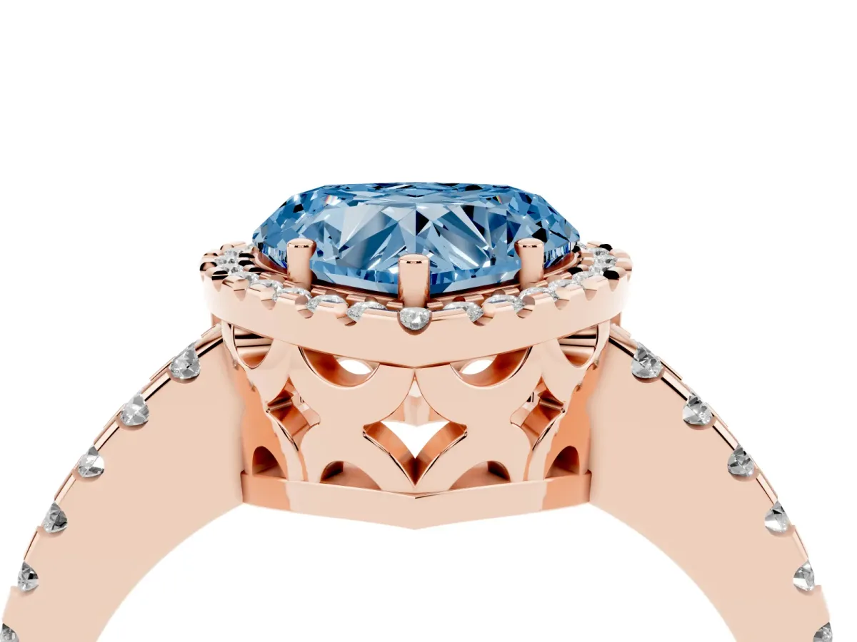 Fancy Blue Heart Cut Diamond Halo Engagement Ring with Pavé Band and Prong Setting Rose gold