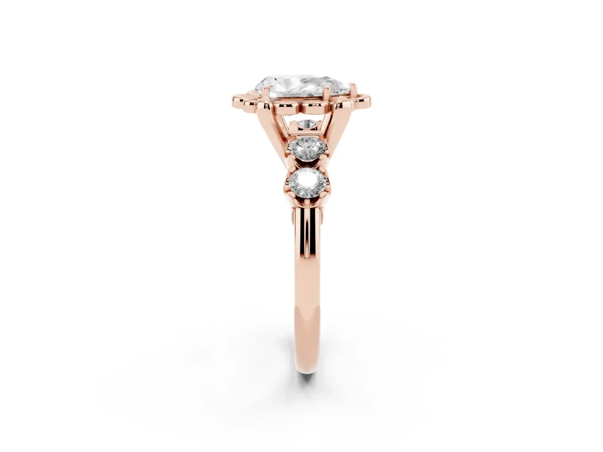 Pear Cut Cut Diamond Floral Halo Engagement Ring with Shared Prong Setting Rose gold