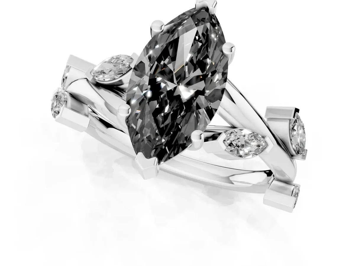 Fancy Black Marquise Cut Solitaire Twisted Band Marquise Accent Prong Setting Ring Platinum