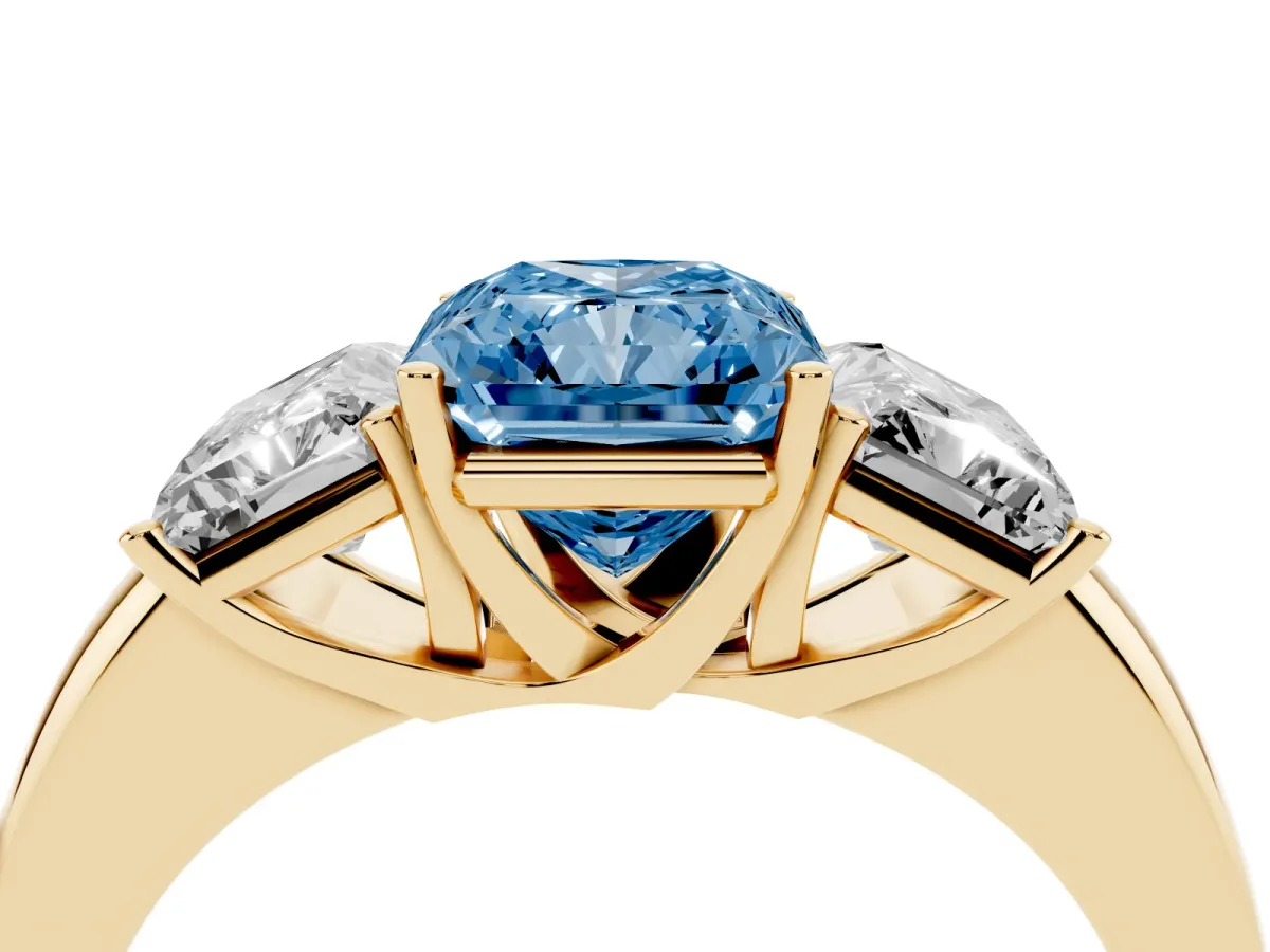 Fancy Blue Radiant Cut Diamond Three-Stone Ring with Four-Prong Setting and Classic Band Yellow gold
