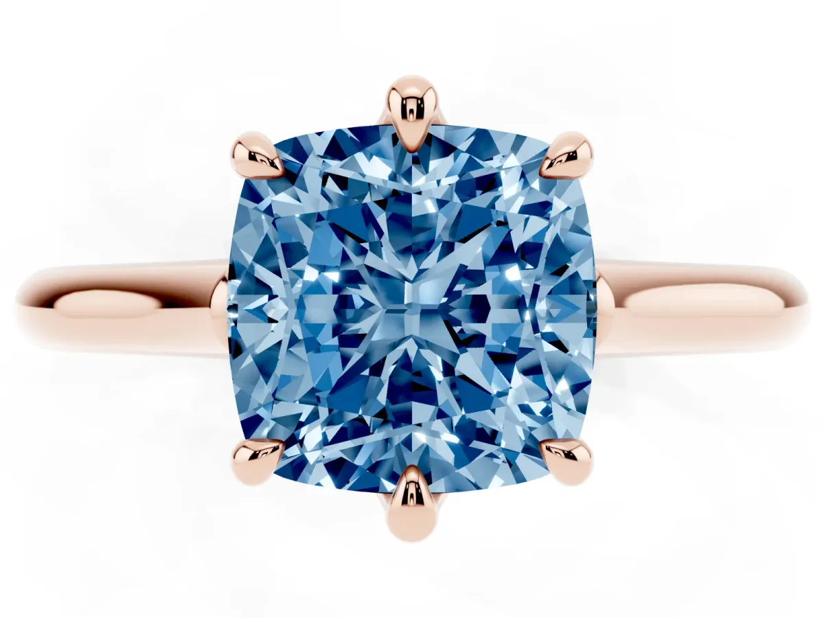Fancy Blue Cushion Cut Solitaire Engagement Ring with Six-Prong Setting and Classic Band Rose gold