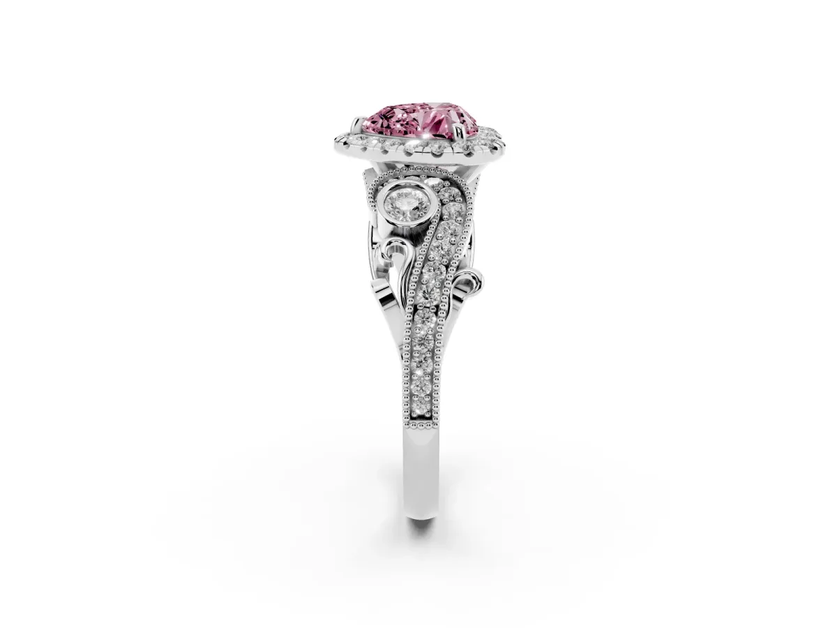 Fancy Pink Heart Cut Diamond Halo Ring with Milgrain Pavé Band and Four-Prong Setting Platinum