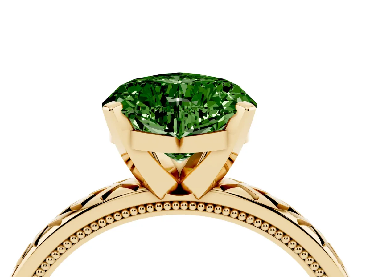 Fancy Green Heart Cut Solitaire Diamond Ring with Milgrain and Black Enamel X Pattern Band Yellow gold