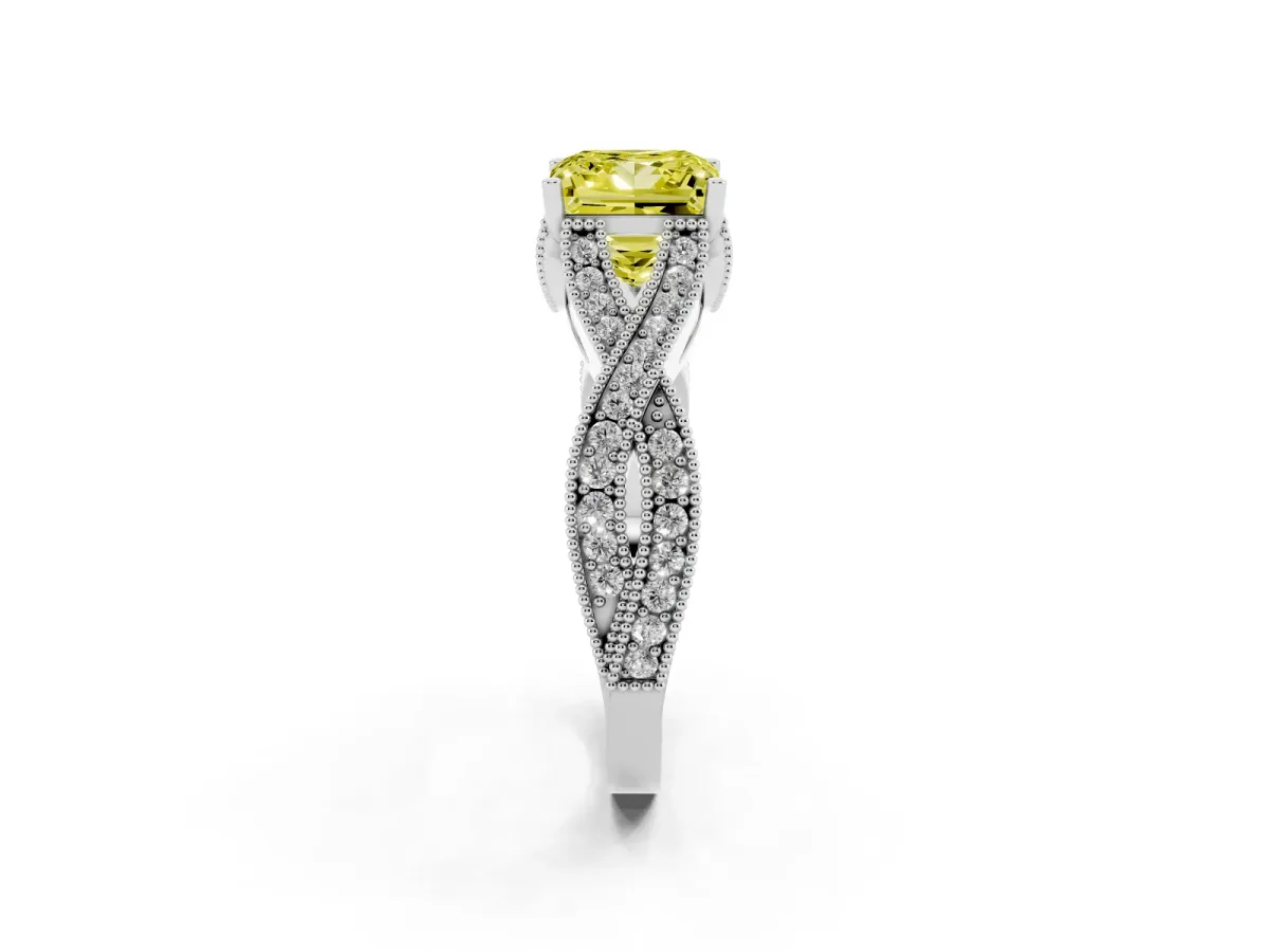 Fancy Yellow Princess Cut Cut Diamond Twisted Band with Milgrain Pave Setting and Four-Prong Setting Silver