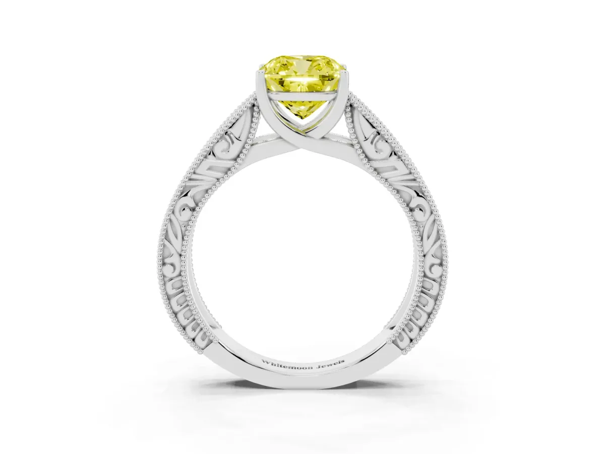 Fancy Yellow Cushion Cut Diamond Solitaire Ring with Engraved Band and Four-Prong Setting Silver