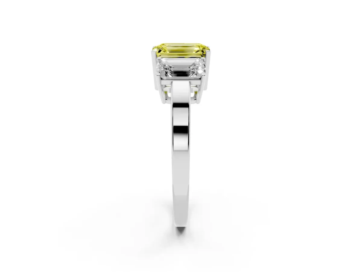 Fancy Yellow Three-Stone Emerald Cut Cut Diamond Engagement Ring with Flat Band and Four-Prong Setting Silver
