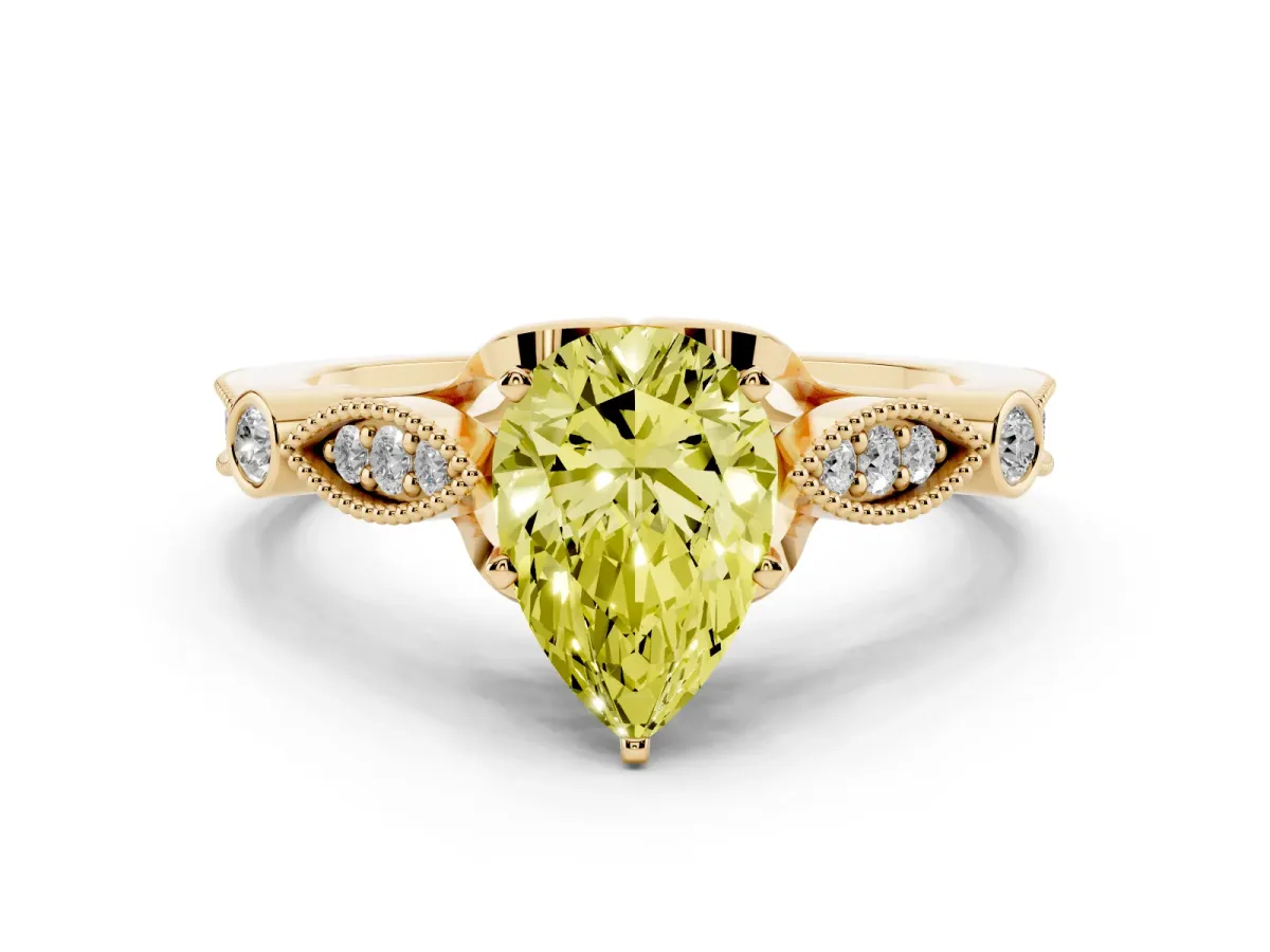 Fancy Yellow Pear Cut Cut Diamond with Milgrain Marquise and Bezel Accents on a Solitaire Band with Prong Setting Yellow gold