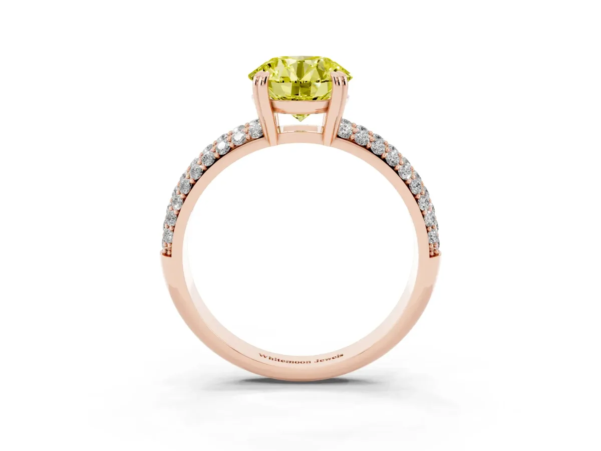 Fancy Yellow Round Cut Diamond Solitaire Ring with Multi-Row Round Pavé Band and Prong Setting Rose gold