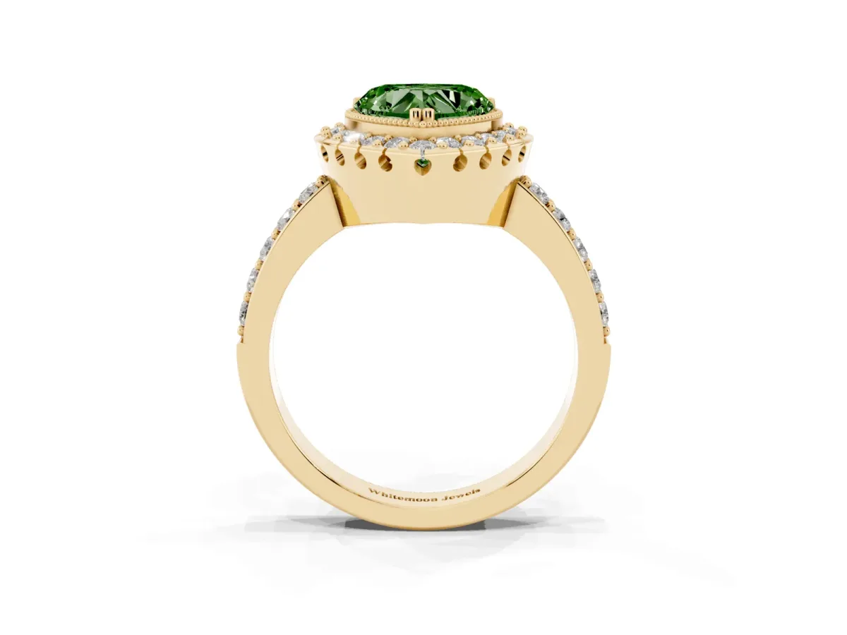 Fancy Green Heart Cut Diamond Halo Ring with Pavé Band and Prong Setting Yellow gold