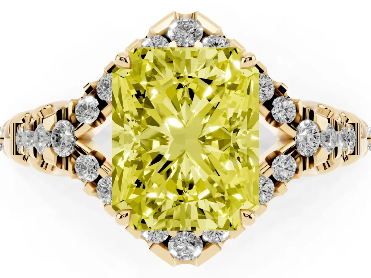 Fancy Yellow Radiant Cut Diamond Solitaire Ring with Hidden Halo and Pavé Band Yellow gold