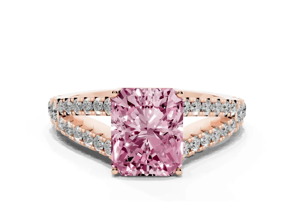 Fancy Pink Radiant Cut Diamond Split Shank Pavé Engagement Ring with Four-Prong Setting Rose gold