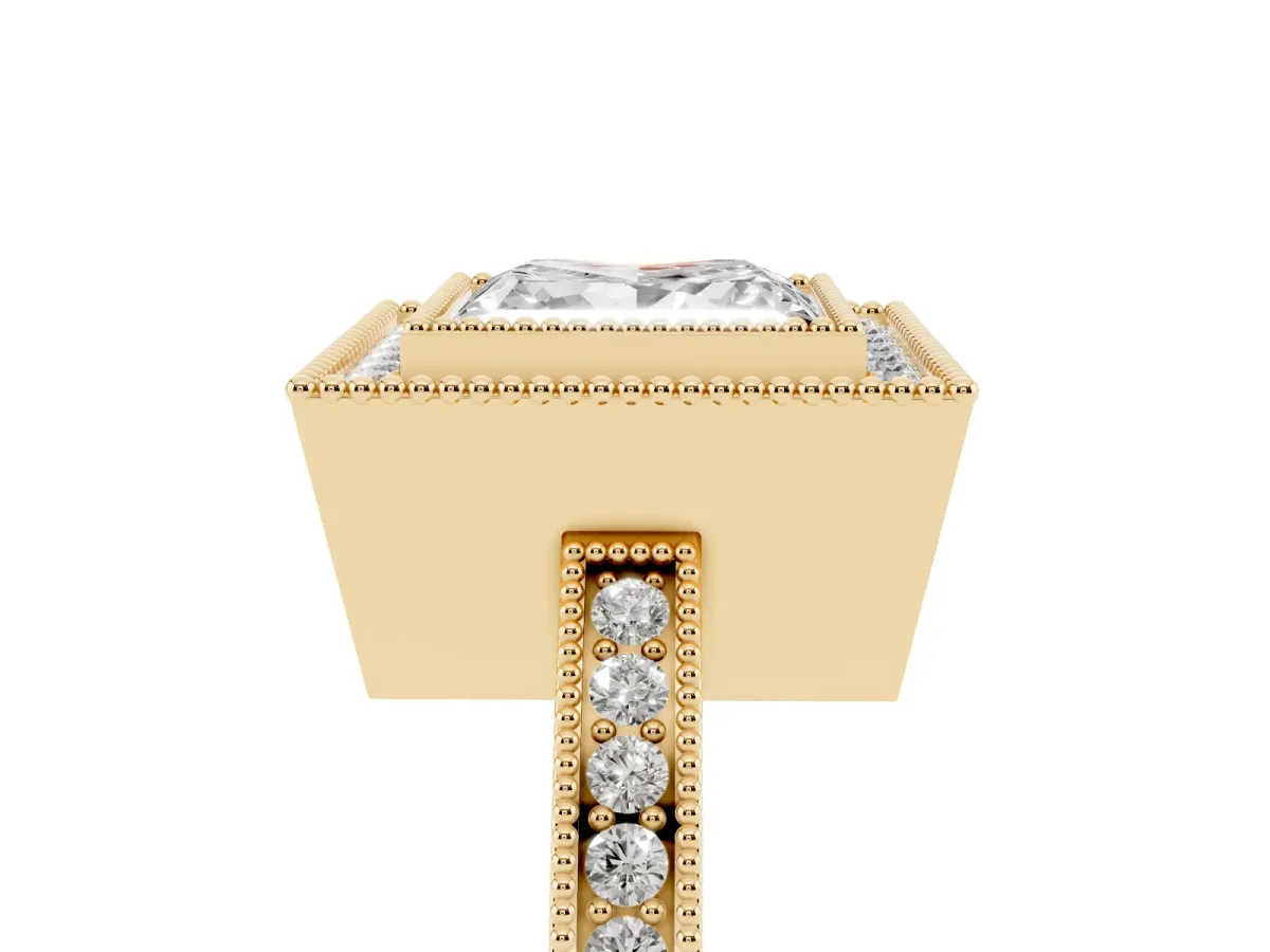 Princess Cut Cut Halo Diamond Ring with Pavé Band and Milgrain Prong Setting Yellow gold