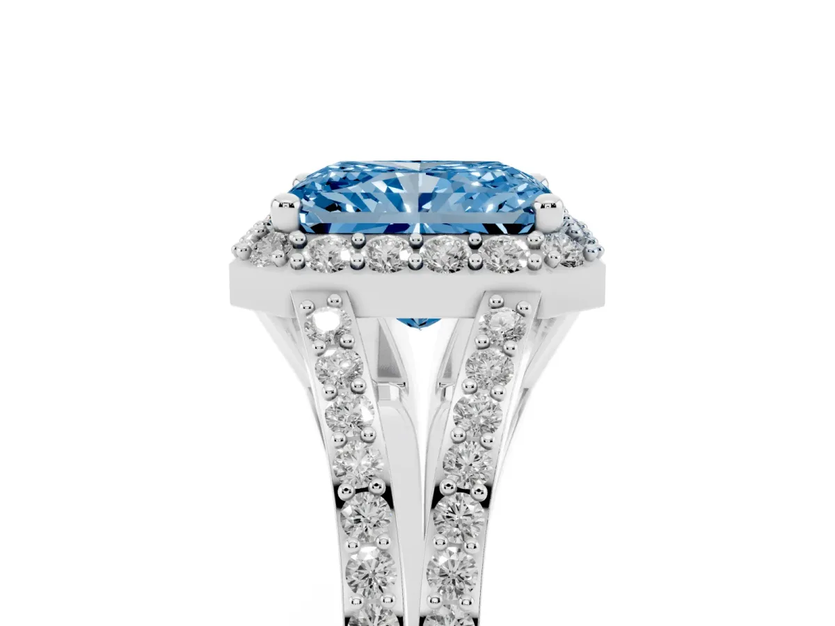 Fancy Blue Radiant Cut Halo Split Shank Diamond Ring with Prong Setting Silver