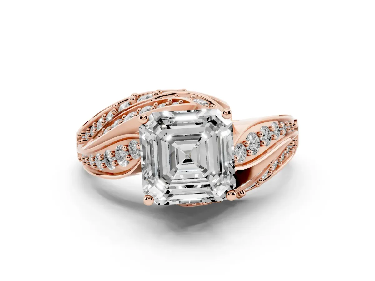 Asscher Cut Diamond Solitaire Ring with Prong Setting and Twisted Pavé Band Rose gold