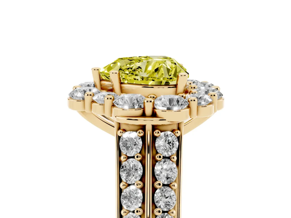 Fancy Yellow Heart Cut Halo Diamond Engagement Ring with Split Shank and Prong Setting Yellow gold