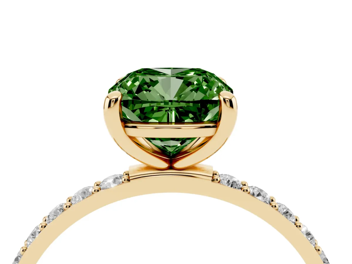 Fancy Green Cushion Cut Diamond Solitaire Ring with Round Pavé Band and Prong Setting Yellow gold