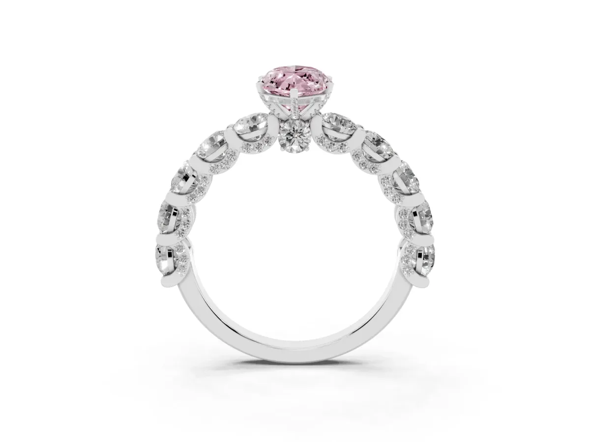 Fancy Pink Marquise Cut Diamond Side Stone Engagement Ring with Four-Prong Setting Silver