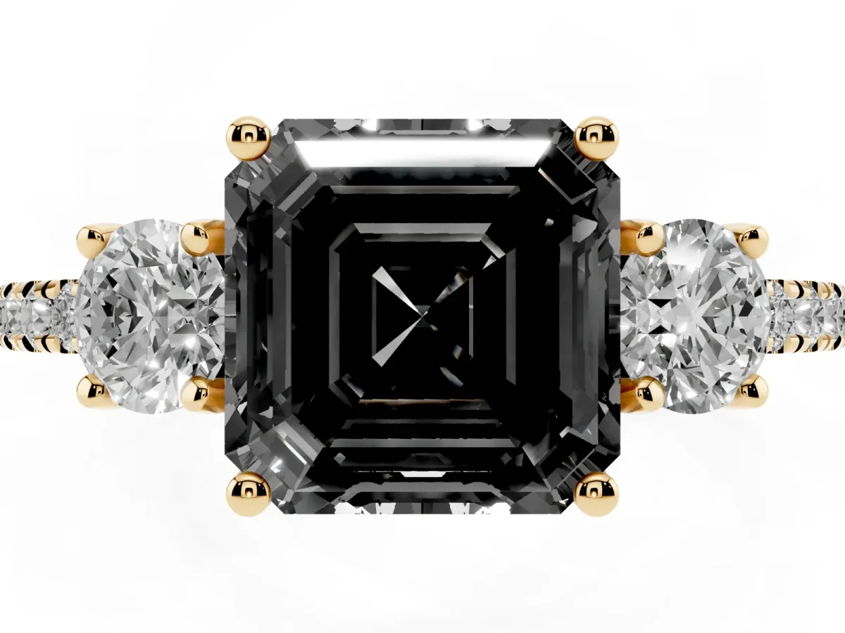 Fancy Black Three-Stone Asscher Cut Cut Diamond Pavé Band with Prong Setting Yellow gold