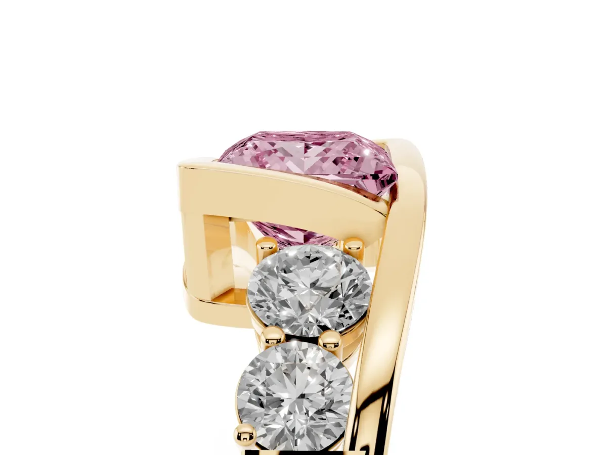 Fancy Pink Bezel Set Princess Cut Diamond Bypass Ring with Round Accents Yellow gold