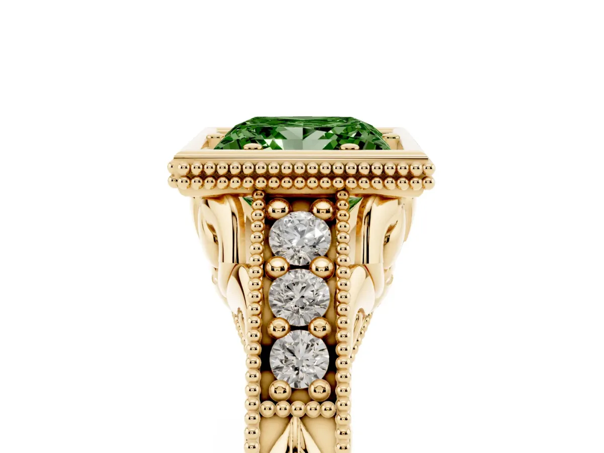 Fancy Green Bezel Set Princess Cut Diamond Milgrain Pave Engagement Ring Yellow gold