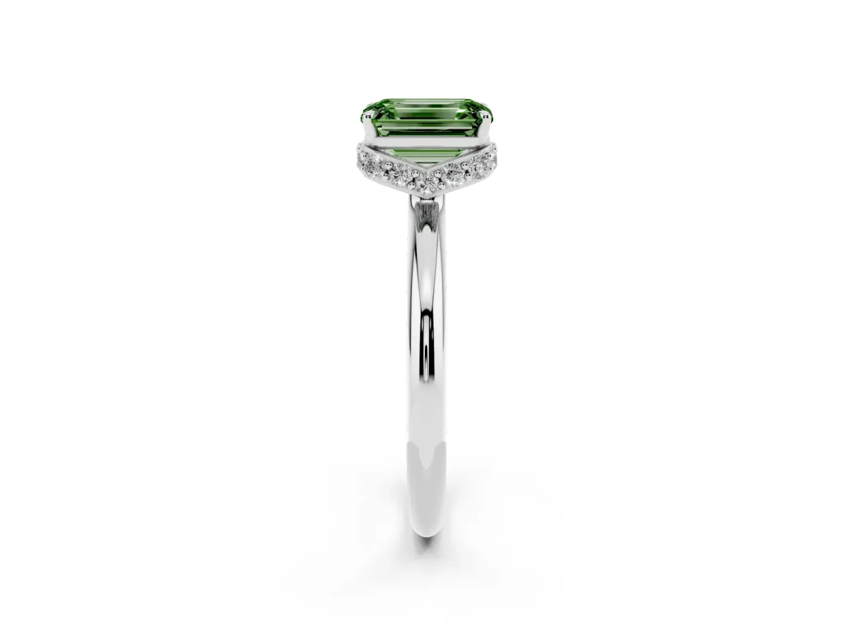 Fancy Green Emerald Cut Brilliant Solitaire Engagement Ring with Six-Prong Setting and Classic Band Silver