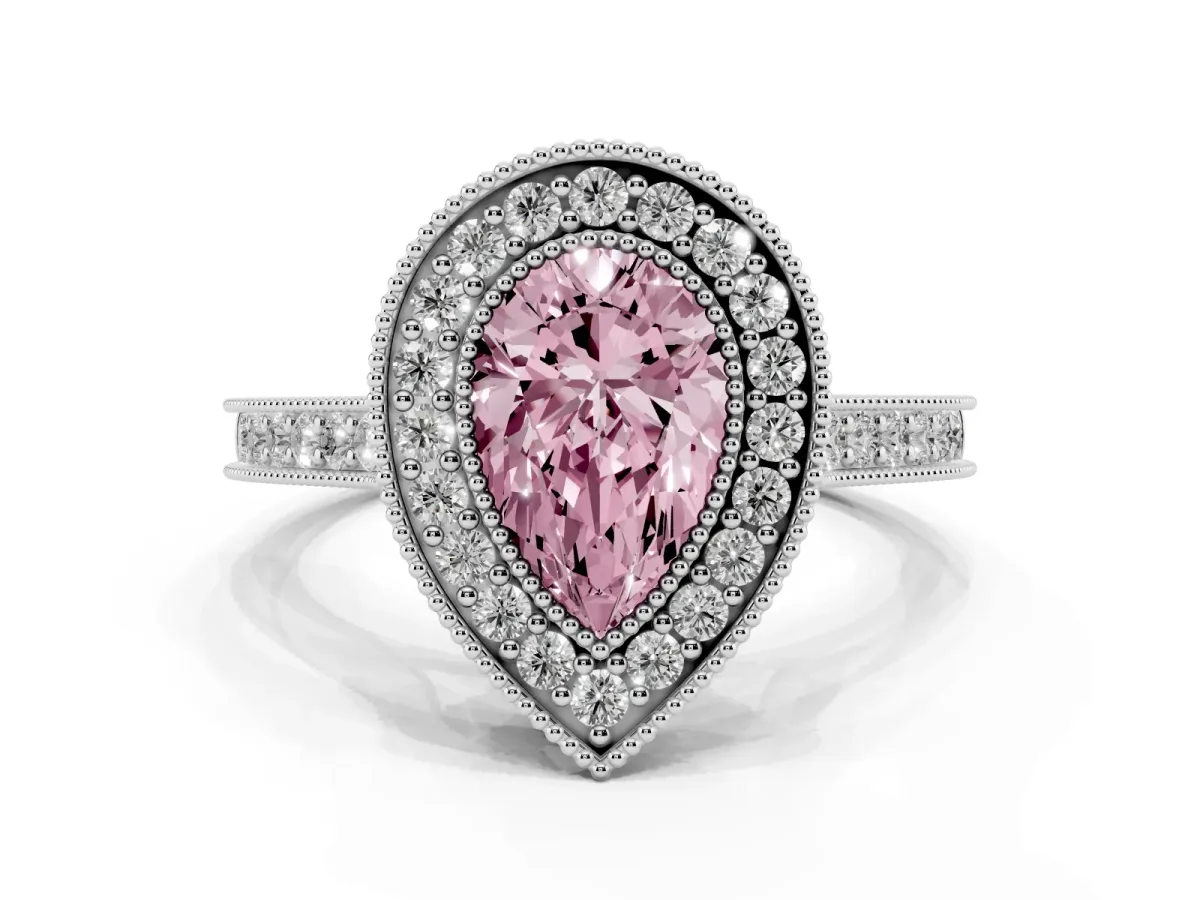 Fancy Pink Halo Pear Cut-Cut Diamond Pave Band Milgrain Prong Setting Ring Silver