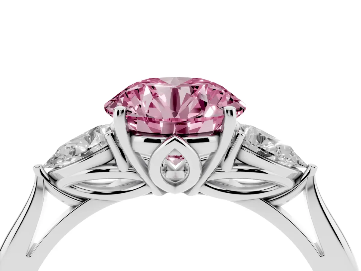 Fancy Pink Round Cut Diamond Three-Stone Ring with Pear Side Stones and Prong Setting Silver