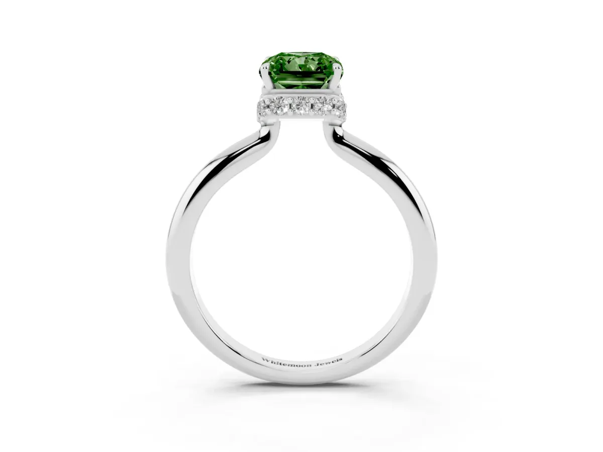 Fancy Green Radiant Cut Brilliant Solitaire Engagement Ring with Six-Prong Setting and Classic Band Silver