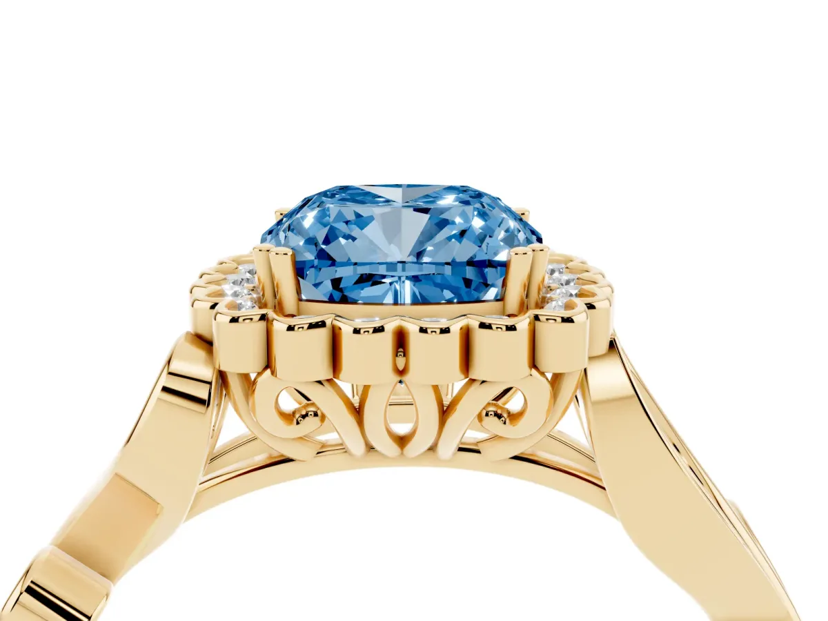 Fancy Blue Cushion Cut Diamond Halo Ring with Vintage Split Shank and Four-Prong Setting Yellow gold